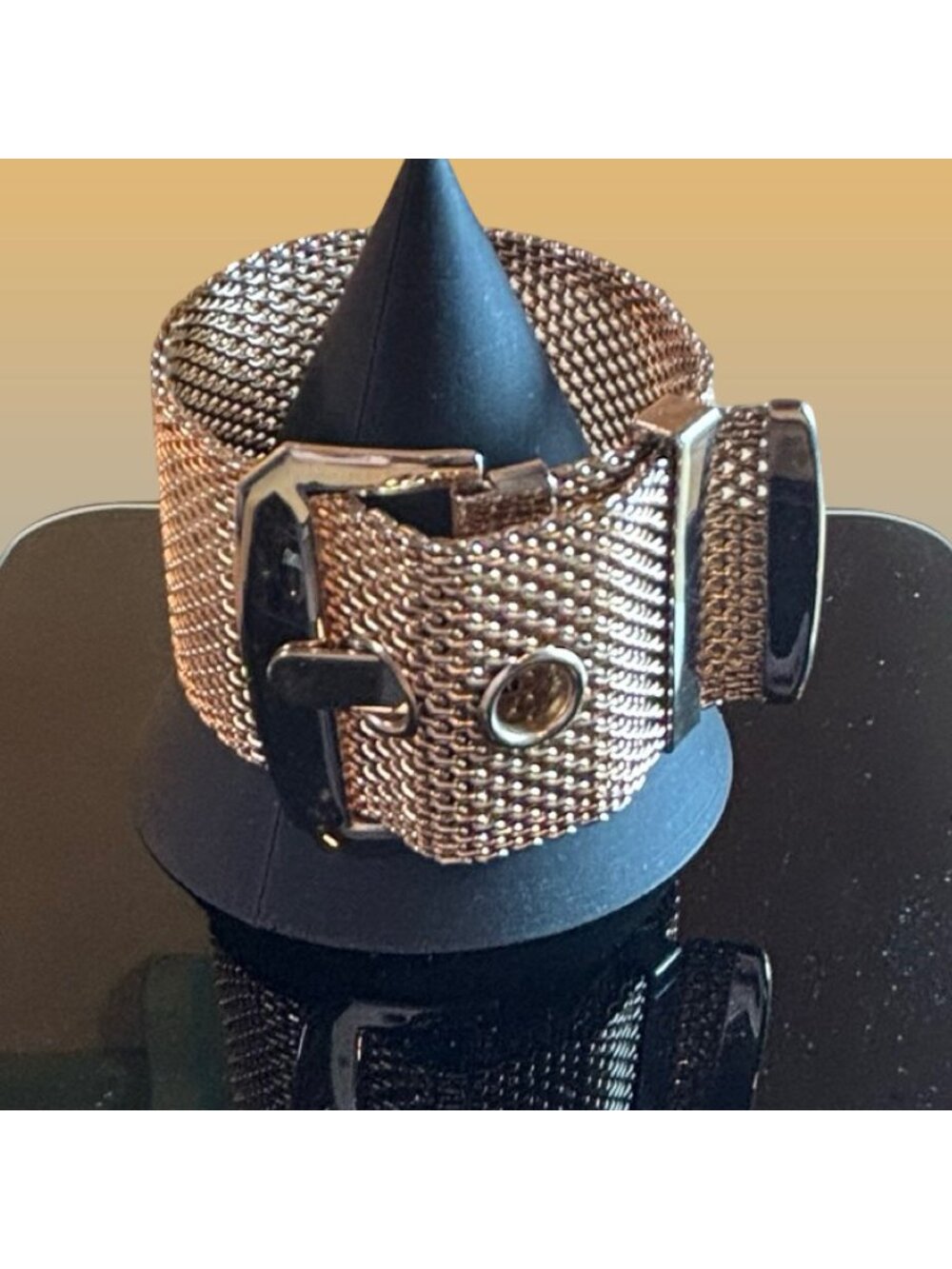 Gold Mesh Belt Buckle Wide Cuff Adjustable Statement Bracelet Retro Vintage